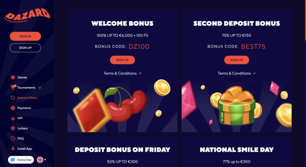 Dazard Casino Bonuses