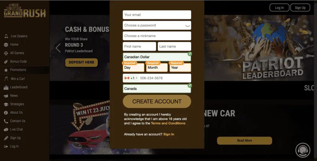 Registration in Grand Rush Casino for a no deposit bonus